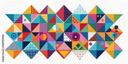 Vibrant Geometric Mosaic A Kaleidoscope of Colorful Triangles, Stripes, and Dots Forming a Striking Abstract Composition