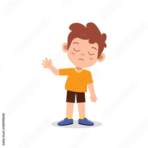 Disappointed little boy cartoon character. Young child with sad expression and hand up, indicating 'stop' or 'no'.