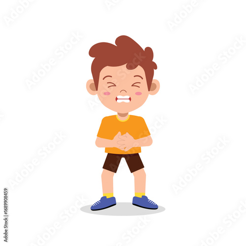 Little Boy Suffering from Stomach Ache Holding His Abdomen