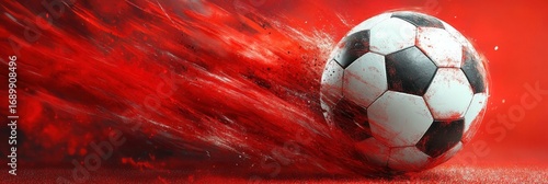 Dynamic close-up of a black and white soccer ball streaking through a vibrant red background with motion blur and splattered paint effects conveying intense energy and speed