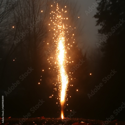A fiery vertical firework display against a dark backdrop