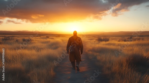 A figure walks a dirt path toward a golden sunset over a golden field