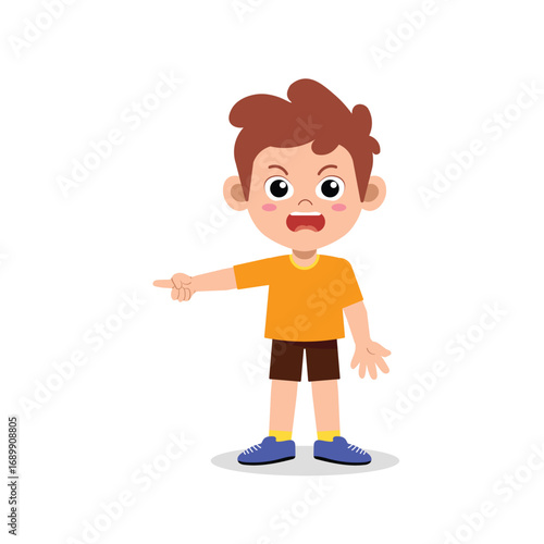Cartoon boy pointing finger with open mouth, showing direction or expressing himself