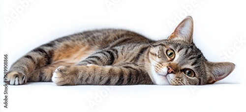 Close-up of a tabby cat lying on its side with bright eyes open on a white background, appearing relaxed and calm