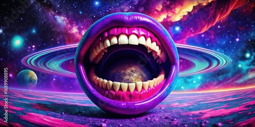 Cosmic Maw Devours Celestial Body in a Vibrant, Surreal Landscape