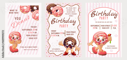 Set of sweet donut birthday party invitations, hand drawn in retro style.
