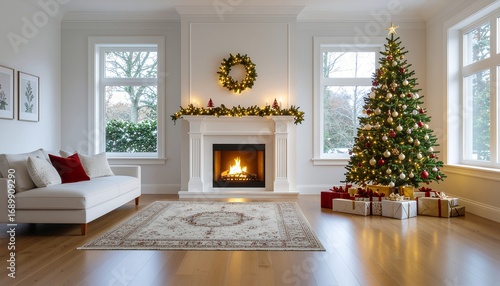 Warm Christmas Eve living room with decorated tree,