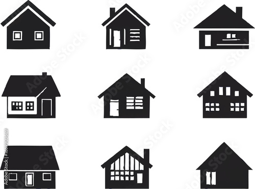Collection of nine black house icons with white windows and doors Keywords: house, home
