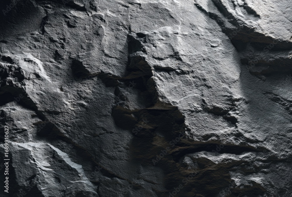 Fototapeta premium Close-up of weathered rock, showing sharp edges, deep crevices, & coarse texture. Dramatic light/shadow creates depth. Raw & imposing