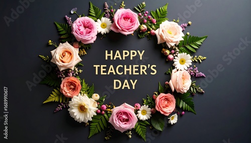 A floral wreath, in shades of pink, peach, and white, surrounds the text 