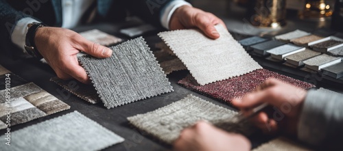Selection of textured textile swatches for interior design. Hands present fabric options on a dark wood table surface in a warm, ambient setting