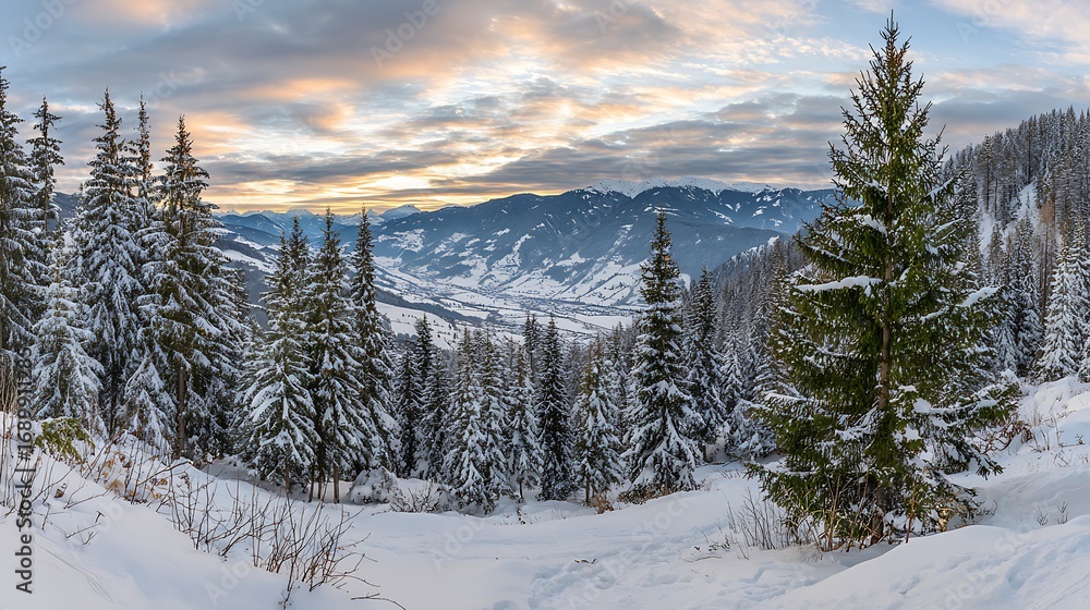 Fototapeta premium Panoramic Snow Covered Mountain Range at Sunrise