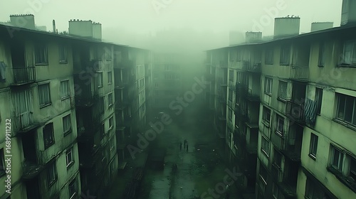 A fog-shrouded alleyway between high-rise buildings