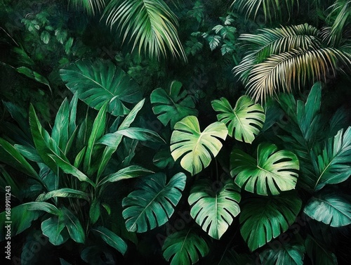 Lush tropical forest scene with various large green leaves creating a dense natural foliage composition