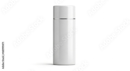 White Stainless Steel Thermos Bottle Standing Upright on White Background for Travel and Outdoor Use