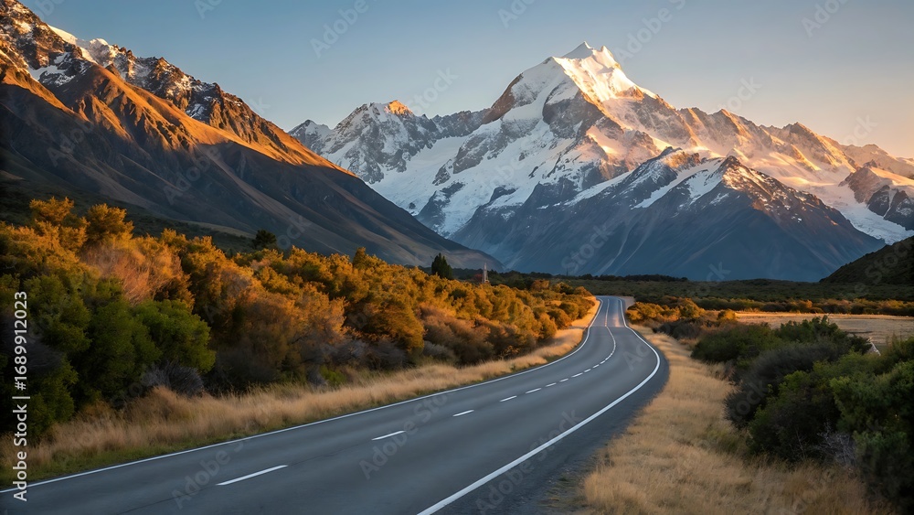 Fototapeta premium Scenic mountain road winding through autumn landscape towards majestic snow-capped peaks