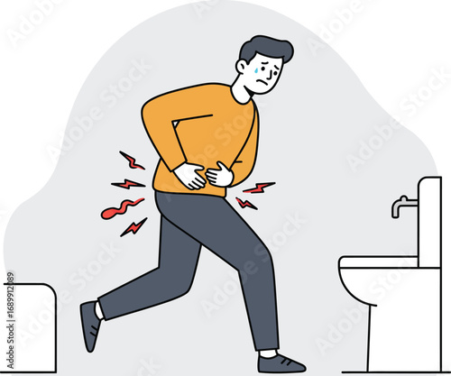 Man rushing to toilet with severe stomach pain, clutching abdomen, distressed expression.