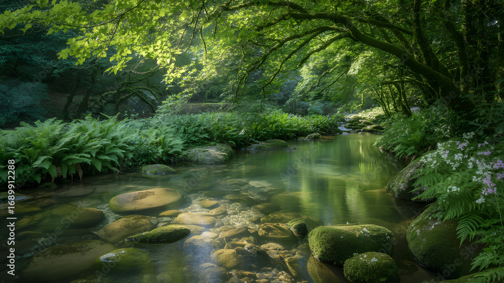 Fototapeta premium Serene Forest Stream Sunlight Filtering Through Lush Greenery, Tranquil Nature