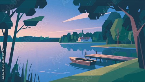 Illustration of Calm Lake View in Bad Saarow with a Rowing Boat Vector Design Template
