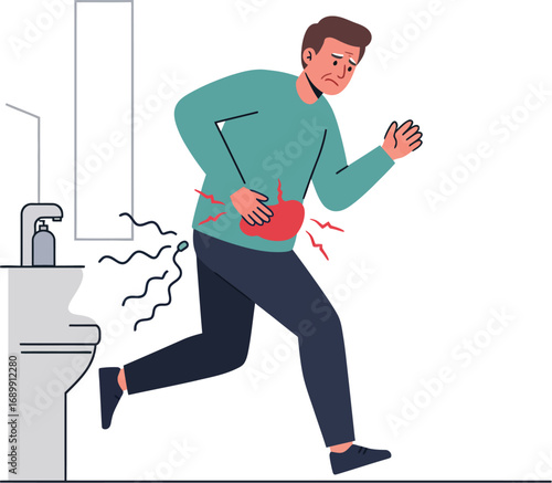 A man in a bathroom clutches his stomach in pain, running towards the toilet.