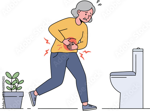 Elderly woman experiencing stomach pain rushing to the restroom.