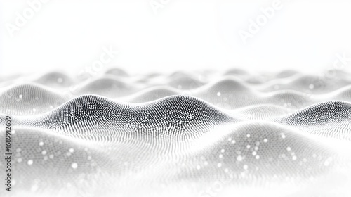 Abstract landscape of smooth, wave-like hills composed of tiny dots and lines creating a flowing, digital terrain with a bright, high-contrast background