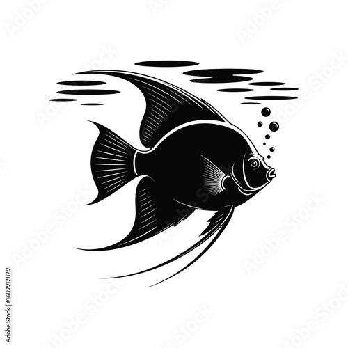 Mermaid Silhouette Illustration Surrounded by Fish School in Underwater Scene