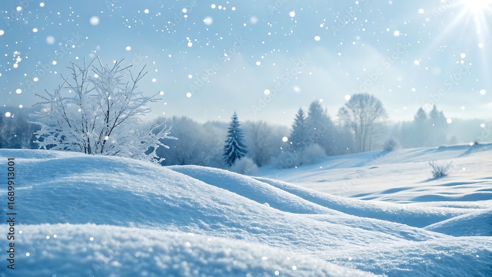 Fototapeta premium Gentle snowflakes drift down through hazy light over a frosty winter landscape