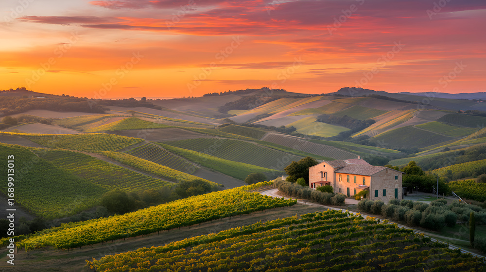 Naklejka premium Idyllic farmhouse on a rolling green hill in the Italian countryside at sunrise, a scenic landscape with vineyards and a colorful sky.