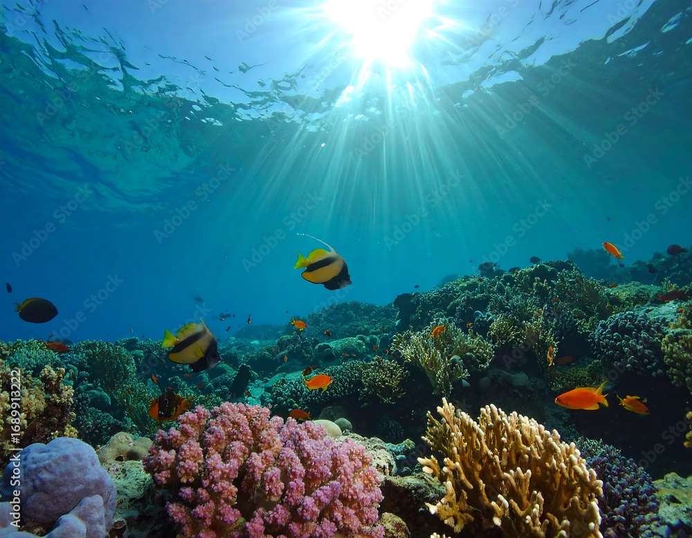Fototapeta premium Underwater coral reef scene, sun rays