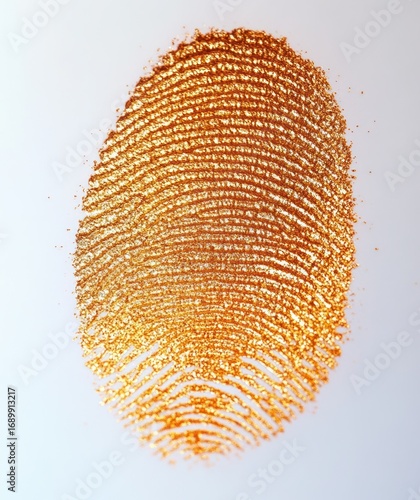 Close-up of a single golden fingerprint on a white background showing intricate ridge patterns and shimmering texture