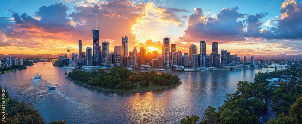 Naklejka premium Sunset casting golden light over a modern city skyline with high-rise buildings, calm river with boats, and lush green islands and riverbanks under colorful clouds