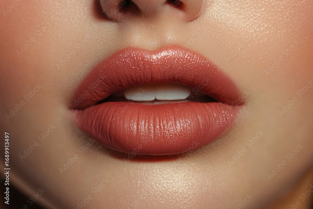 Obraz premium close-up of soft lips with matte reddish-brown lipstick, slightly parted showing white teeth and smooth skin texture