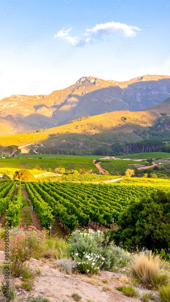 Fototapeta premium Scenic vineyard landscape with mountains at sunset