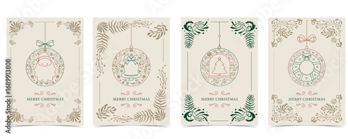 Minimal art deco with christmas tree,wreath,santa Claus in baubles outline.vector illustration for Christmas party invitation card, postcard, menu ,print, social media template
