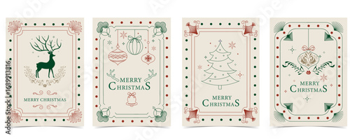 Minimal art deco with christmas tree, reindeer,wreath outline.vector illustration for Christmas party invitation card, postcard, menu ,print, social media template