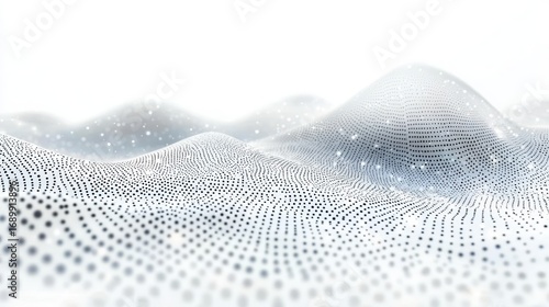 Abstract digital landscape of smooth white waves covered with evenly spaced black dots creating a futuristic and serene visual effect