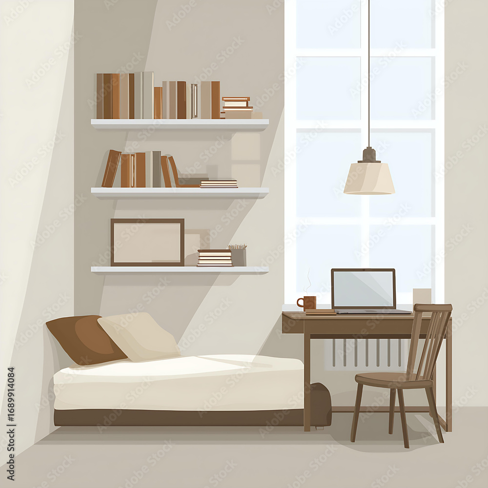 Fototapeta premium Modern Minimalist Bedroom Workspace Interior Design with Wooden Furniture and Natural Light