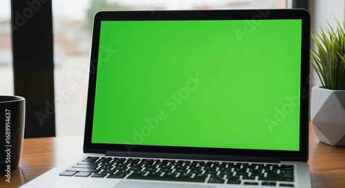 Wallpaper Mural Modern laptop with a blank green screen on a wooden table, featuring a black cup and a small plant nearby. Torontodigital.ca