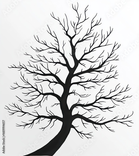 Silhouette of a leafless tree with intricate branches spreading out against a plain white background, evoking a sense of solitude and stark beauty