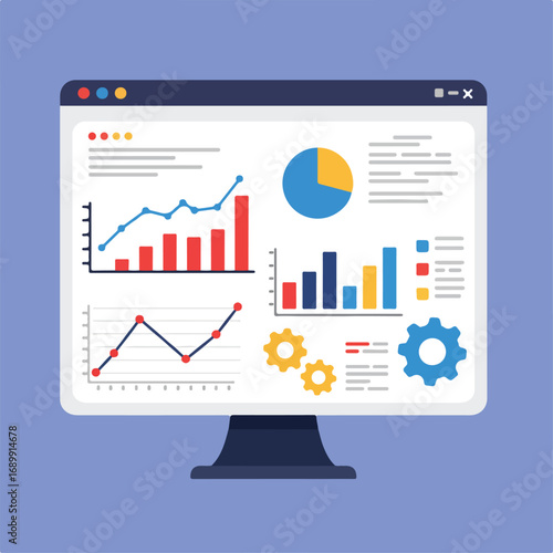 Digital monitor displays data analytics with charts, graphs, and gear icons on a light blue backdrop for a clean, modern look.