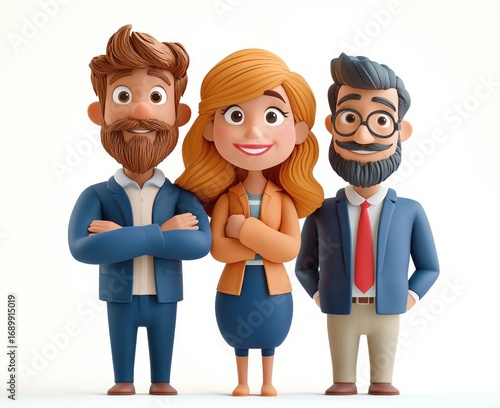 three confident cartoon business professionals standing side by side smiling with arms crossed on white background