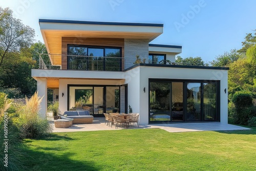 Modern two-story house with large glass windows and outdoor seating area on a sunny day surrounded by green lawn and trees