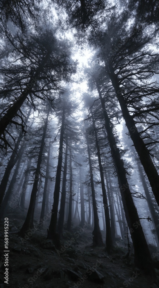 Fototapeta premium A forest scene is captured in a vertical composition with towering trees reaching towards a bright, overcast sky, creating a dramatic and atmospheric effect