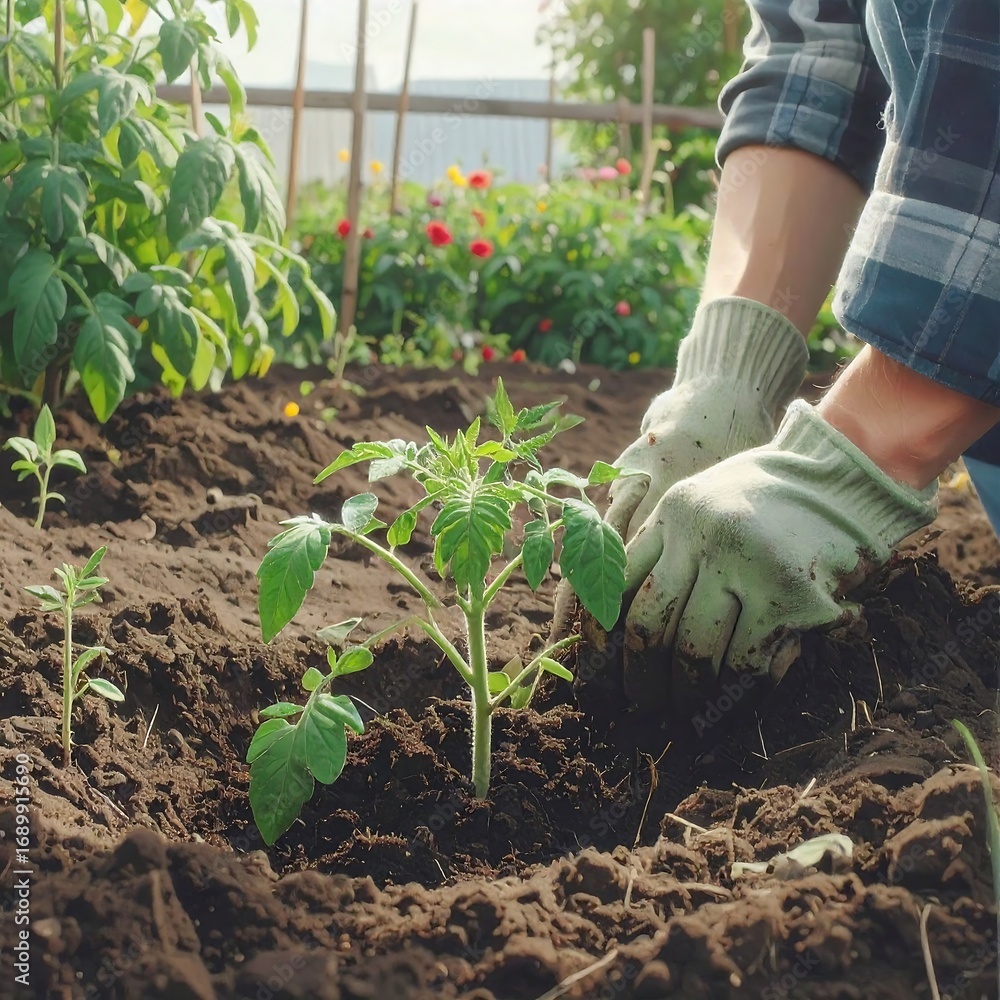 Fototapeta premium Planting tomato seedling in garden soil