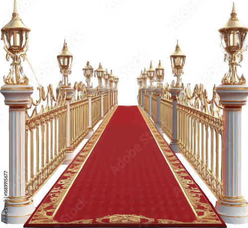 Ornate golden railing and red carpet leading down a bridge Keywords: red carpet, bridge, pathway