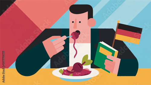 Illustration of Man Eating Chioggia Beet Dish Holding Book and Flag Vector Design Template