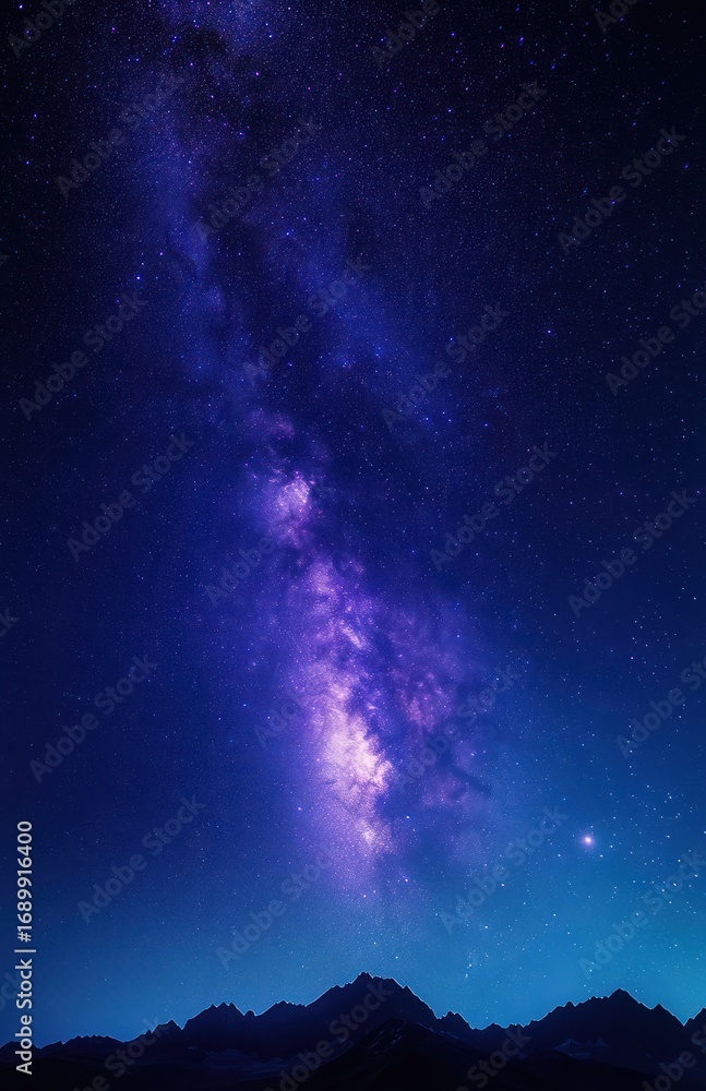 Fototapeta premium Vibrant purple and blue milky way galaxy stretching across night sky over dark mountain silhouette