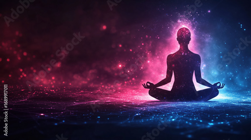 Serene silhouette of person meditating cosmic environment, surrounded by vibrant colors of pink, blue, and purple. scene evokes sense of peace and connection to universe, with sparkling lights