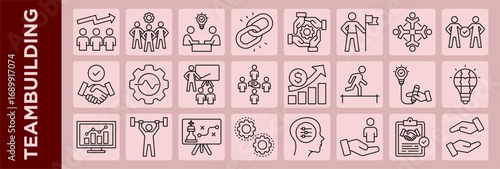 Modern line icon set on a soft background showcasing teamwork, leadership, strategy, and collaboration for teambuilding concepts.